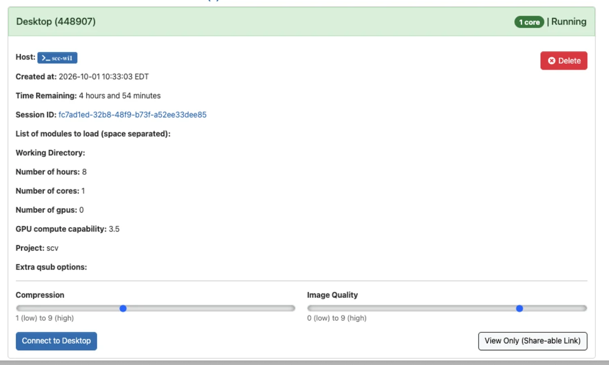 A session card for a running Desktop session. The green header reads "Desktop (448907)", with "1 core" and "Running" on the right. The body lists Host, Created at, Time Remaining, Session ID and the settings the session was launched with, followed by Compression and Image Quality sliders, a "Connect to Desktop" button and a "View Only (Share-able Link)" button.