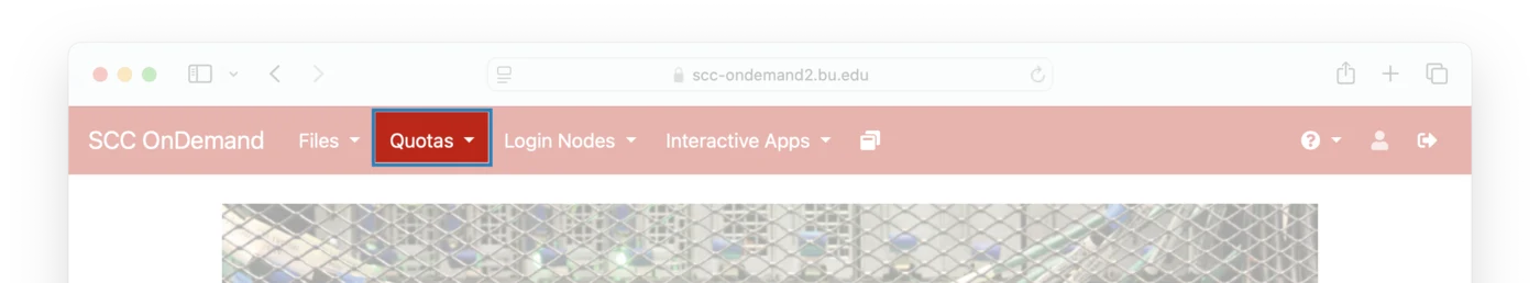 The SCC OnDemand menu bar with the Quotas menu highlighted.